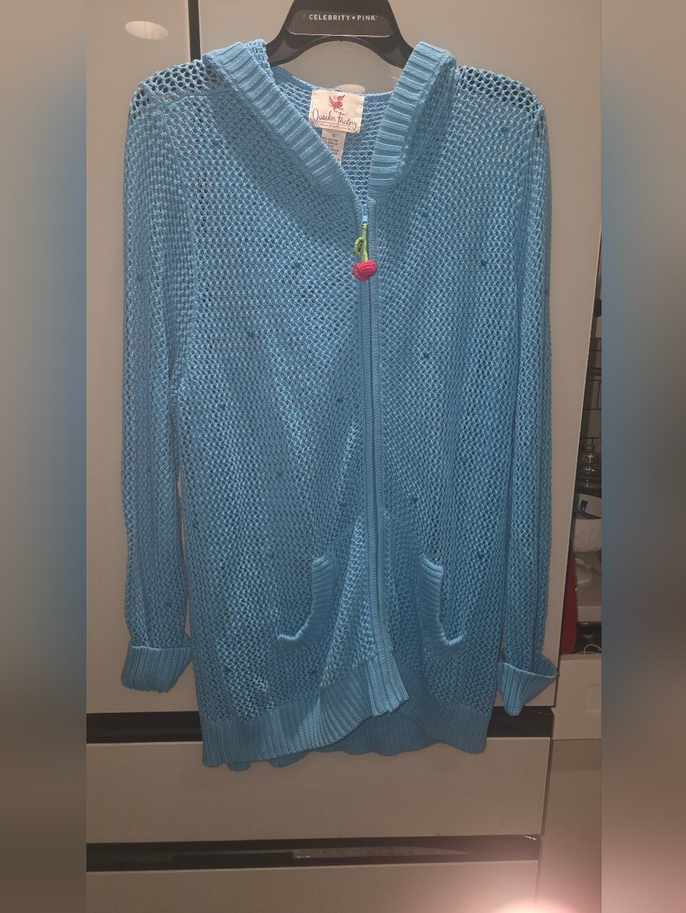 Quacker Factory Light Blue Open-Knit Zip Cardigan with Cherry Pull